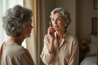Femme élégante appliquant maquillage yeux dans un intérieur chaleureux