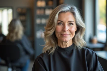 Femme en salon de coiffure avec une coloration blended grey sans effet racine visible
