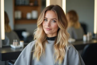 Femme aux cheveux blonds transformés en caramel miel dans un salon de coiffure moderne