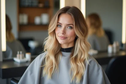 Femme aux cheveux blonds transformés en caramel miel dans un salon de coiffure moderne