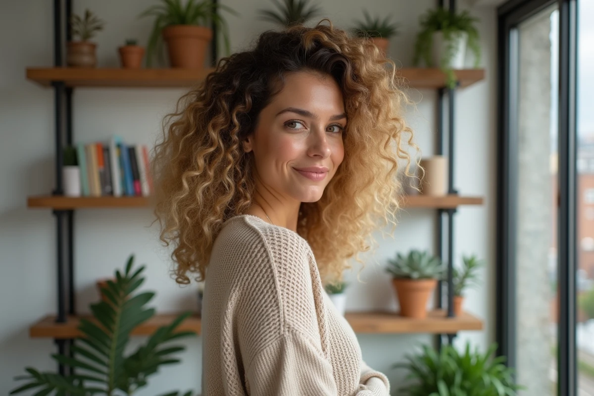 Femme aux cheveux bouclés et highlights blonds et bruns