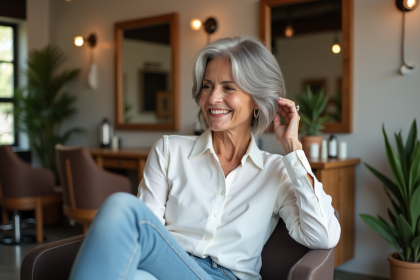 Femme élégante aux cheveux gris dans un salon moderne