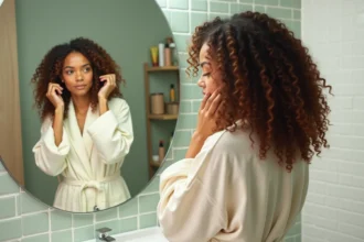 Femme aux longs cheveux bouclés et sans frisottis se coiffant devant un miroir de salle de bain