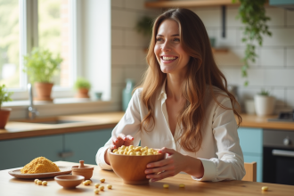 Femme souriante avec cheveux brillants tenant un bol de levure de bière