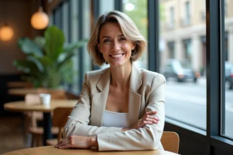 Femme élégante avec coupe courte et sourire naturel