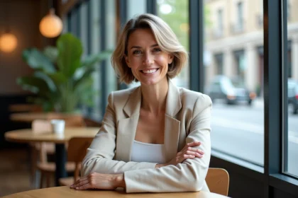 Femme élégante avec coupe courte et sourire naturel