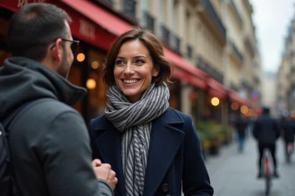 Femme élégante en manteau navy partage un sourire à Paris