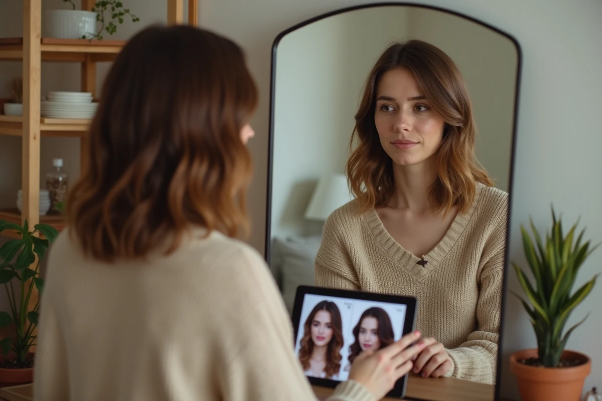 Femme regardant dans un miroir avec tablette pour coiffures