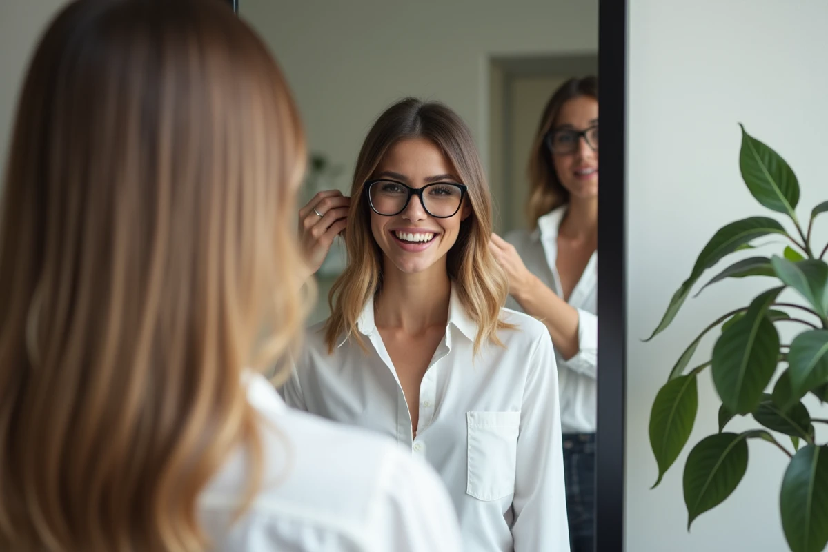 Femme avec nouvelle coiffure asymetrique dans un salon