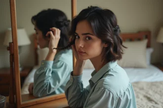 Femme regardant sa coiffure dans le miroir en reflet naturel