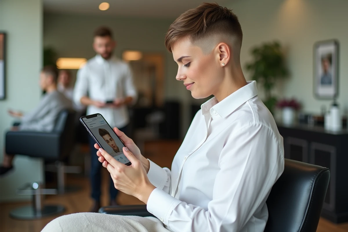 Femme montrant une photo de sa coupe au barbier