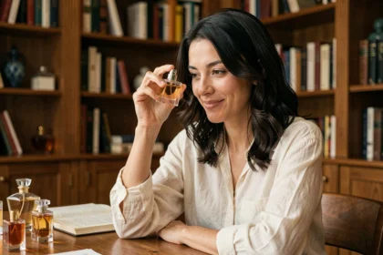 Femme passionnée de parfums examinant un flacon de parfum en verre à son bureau, entourée de sa collection personnelle