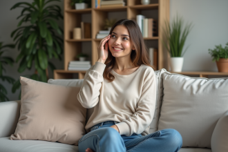 Femme appliquant du concealer sur son visage dans un salon