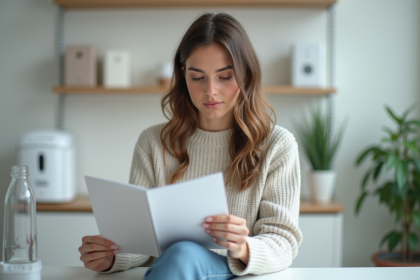 Femme examinant brochure sur traitement cicatrices