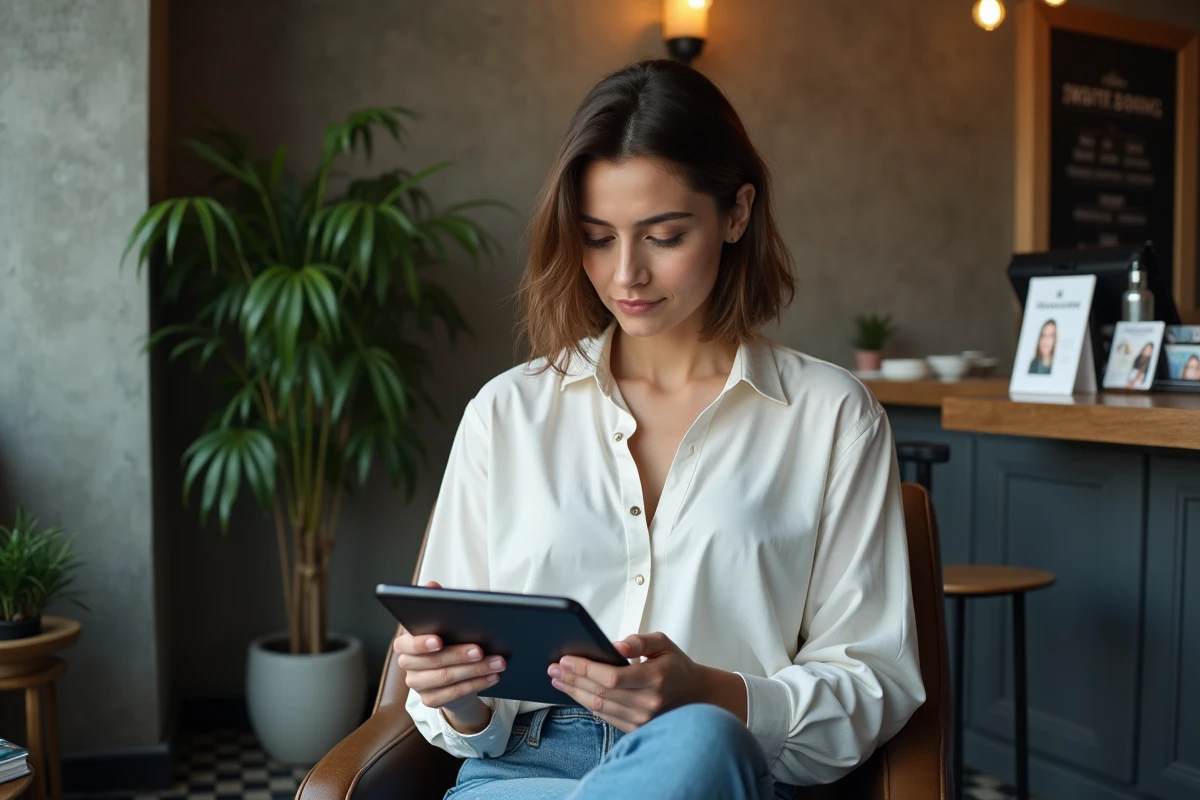 Femme regardant prix sur tablette dans salon de tatouage