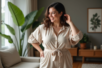 Femme ronde souriante en salon avec vêtements élégants