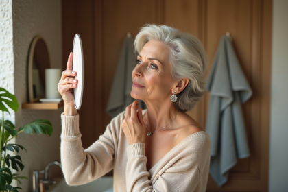Femme élégante de soixante ans se maquillant dans une salle de bain lumineuse
