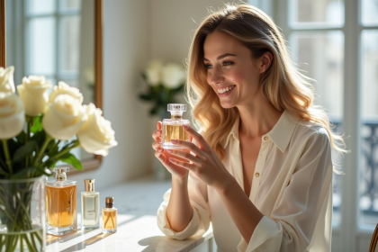 Femme élégante admire un parfum dans un décor parisien