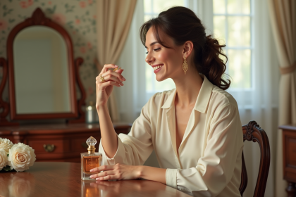 Femme élégante appliquant du parfum dans une chambre lumineuse