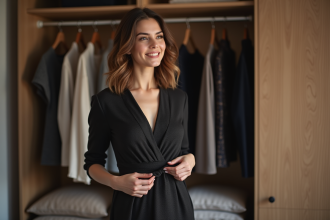 Femme élégante en robe noire ajustée et subtile motif