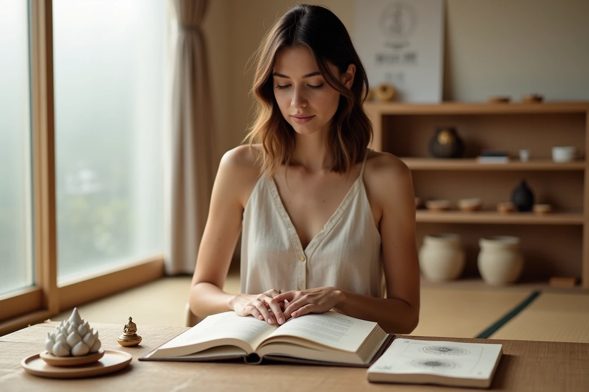 Femme étudiant la signification des symboles bouddhistes dans un carnet illustré