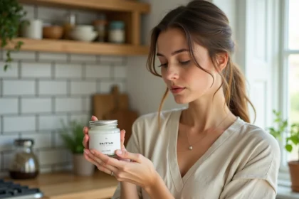 Femme tenant un pot de crème Comme Avant en examinant les ingrédients naturels dans une cuisine moderne