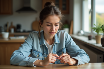 Femme regardant ses ongles avec souci dans une cuisine