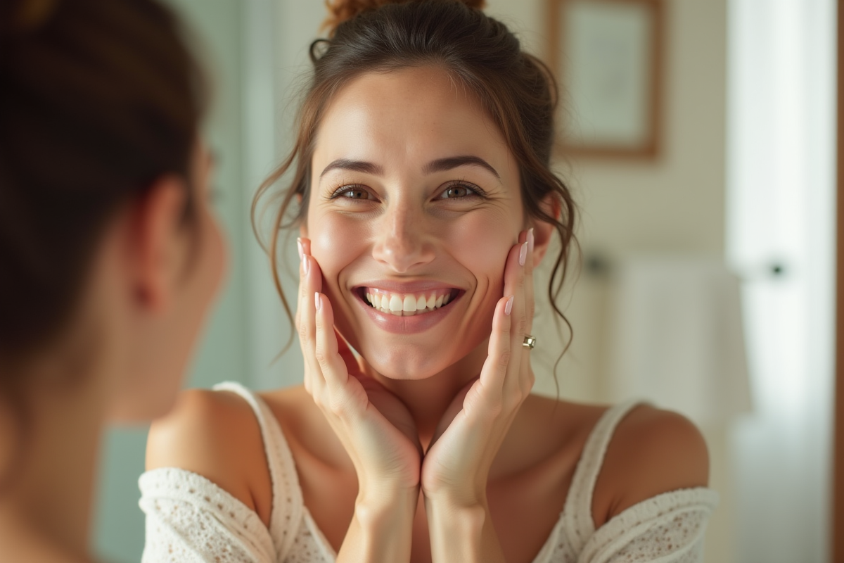Femme d'âge moyen se massant le visage devant un miroir