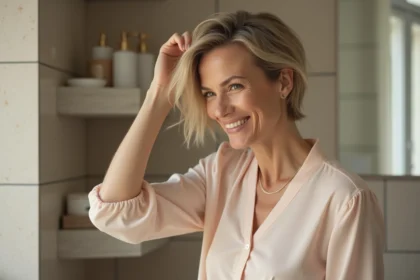 Femme souriante ajustant ses cheveux dans un miroir de salle de bain
