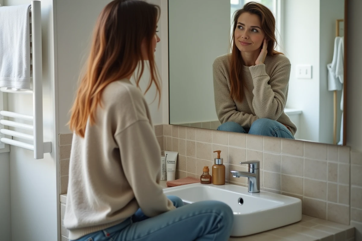 Femme regardant ses cheveux dans le miroir dans une salle de bain moderne