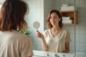 Femme vérifiant sa coupe V-shape dans un miroir à la maison