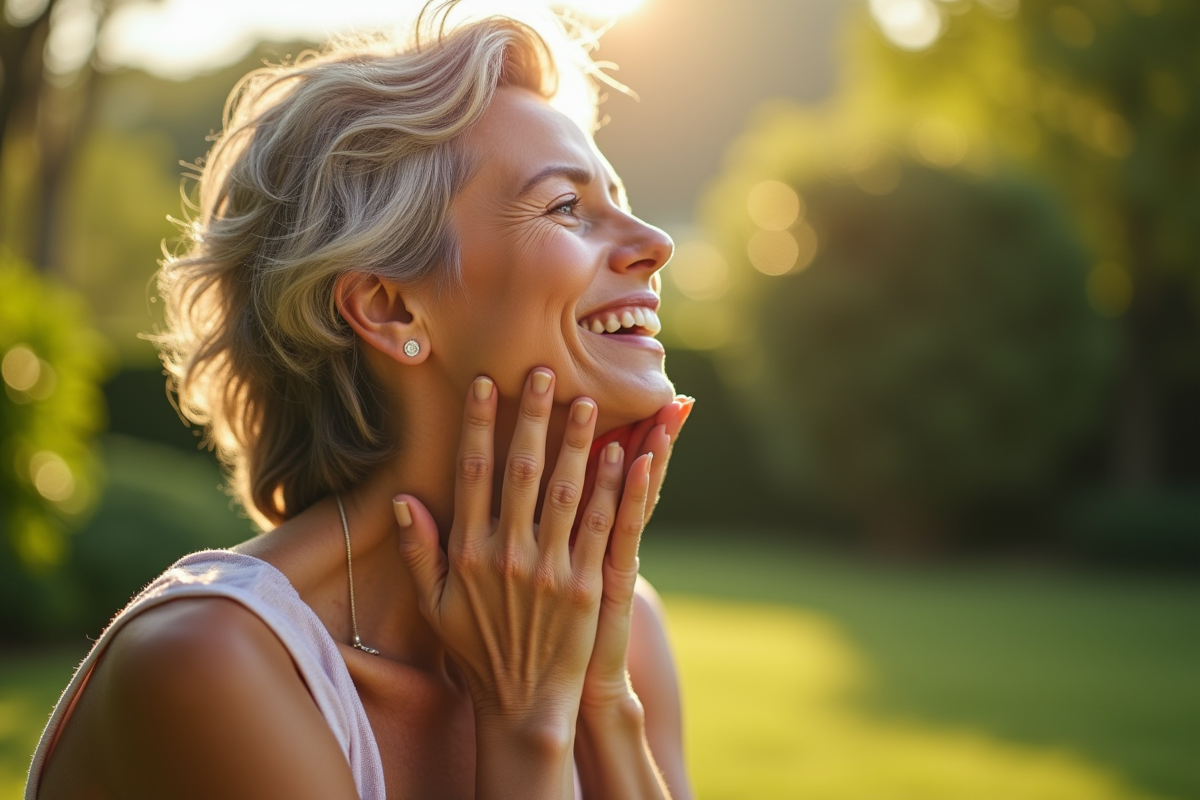 Femme mature en extérieur soulignant sa beauté naturelle
