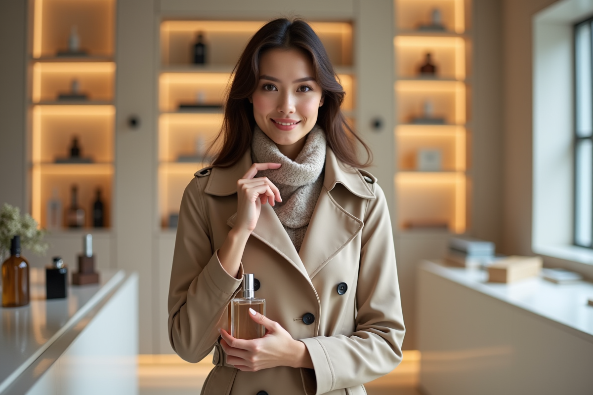 Femme élégante dans une parfumerie moderne avec un flacon de parfum