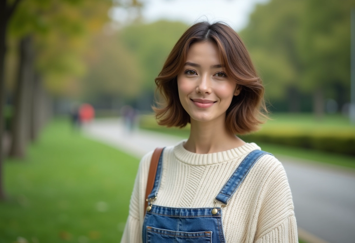 Femme avec coupe moderne et vagues dans un parc verdoyant
