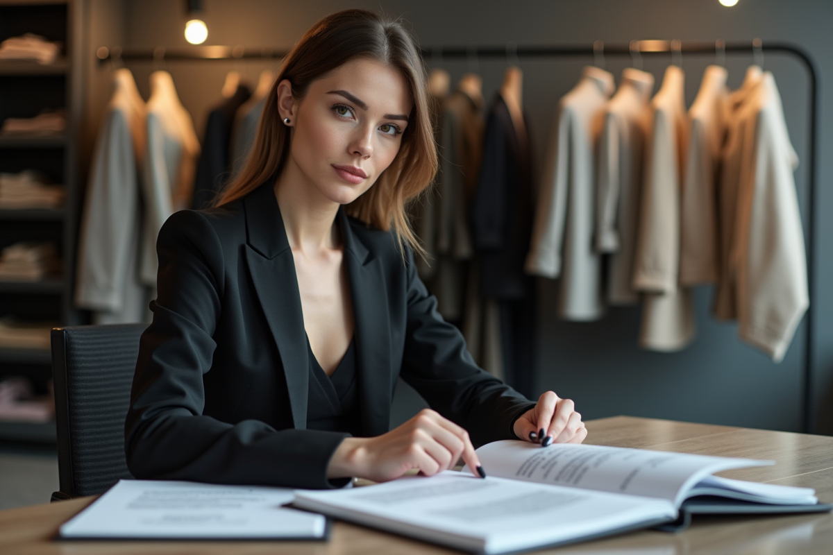 Jeune femme professionnelle en blazer noir dans un bureau créatif