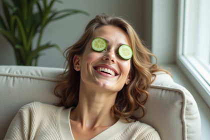 Femme souriante détendue avec concombre sur les yeux