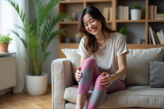 Jeune femme assise sur un canapé en leggings colorés