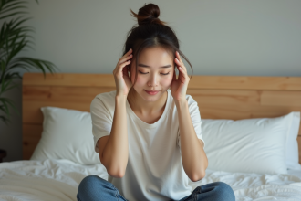 Jeune femme se massant le cuir chevelu dans un lit