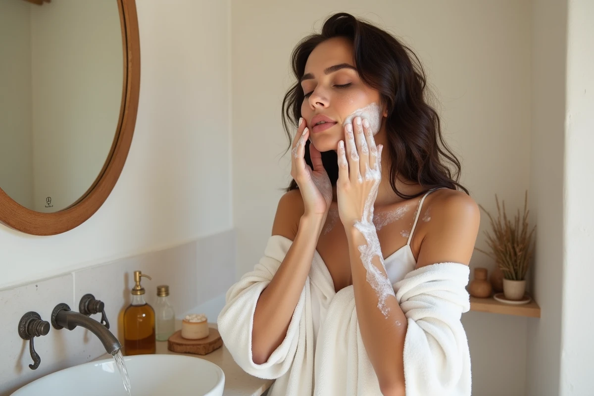 Femme se lavant le visage avec du savon d'Alep dans une salle de bain méditerranéenne, mousse sur les mains et peau naturelle