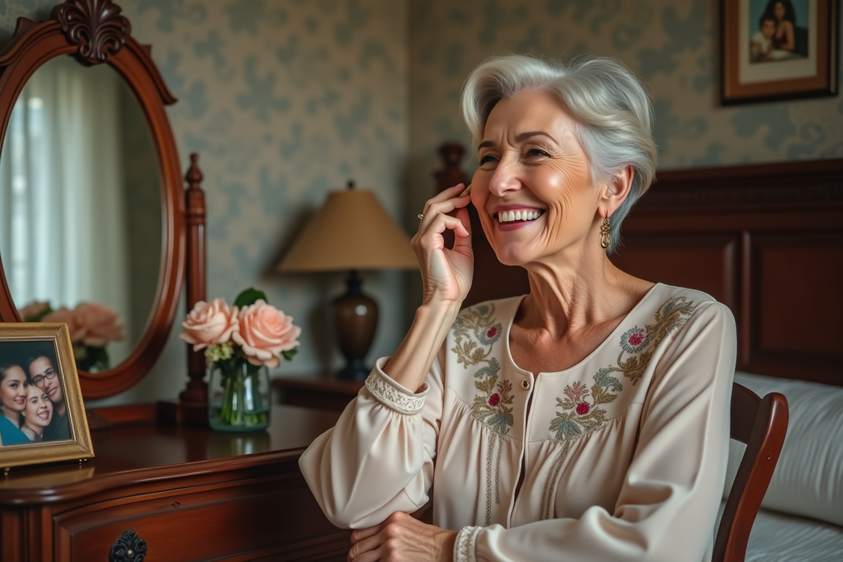 Femme senior souriante se préparant devant un miroir de chambre