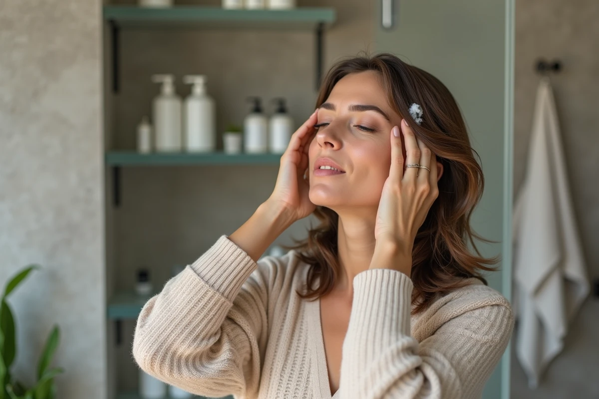 Femme massant ses cheveux dans une salle de bain moderne