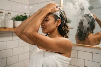 Femme aux cheveux bouclés qui applique un shampoing sans paraben sans sulfate sans silicone dans une salle de bain moderne et naturelle