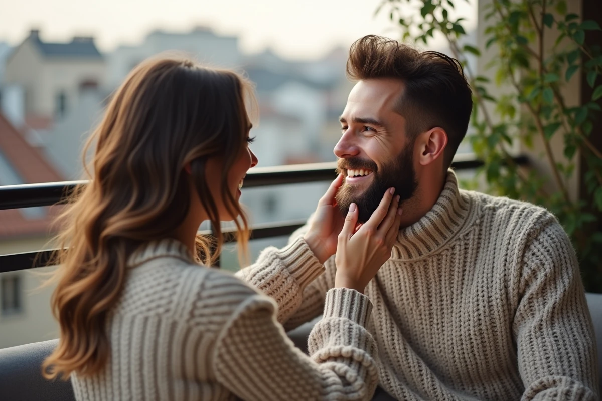 Femme souriante touchant la barbe de son partenaire