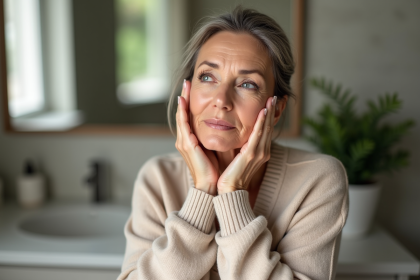 Femme d'âge moyen se massant le visage dans une salle de bain