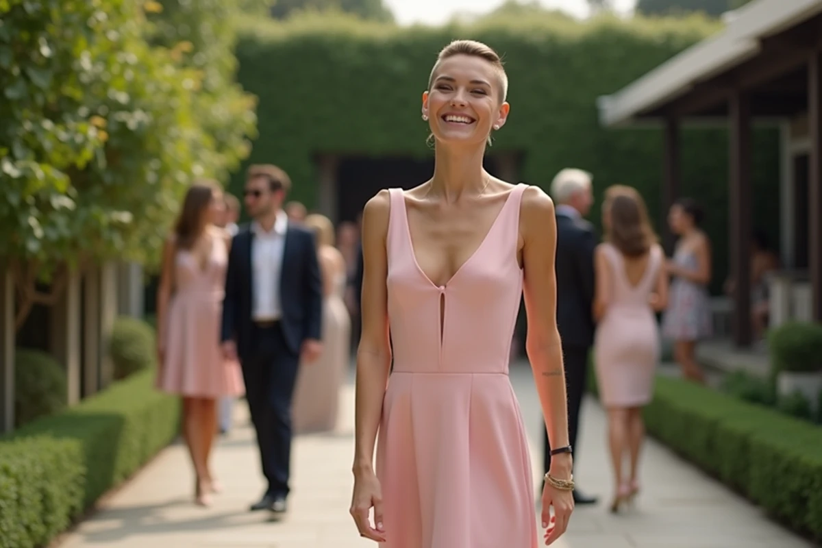 Femme souriante en robe pastel lors d