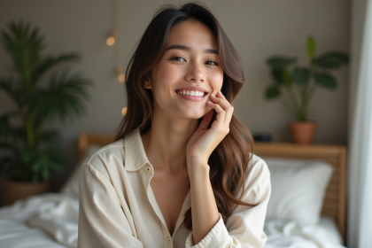 Femme souriante en lin crème dans une chambre cosy