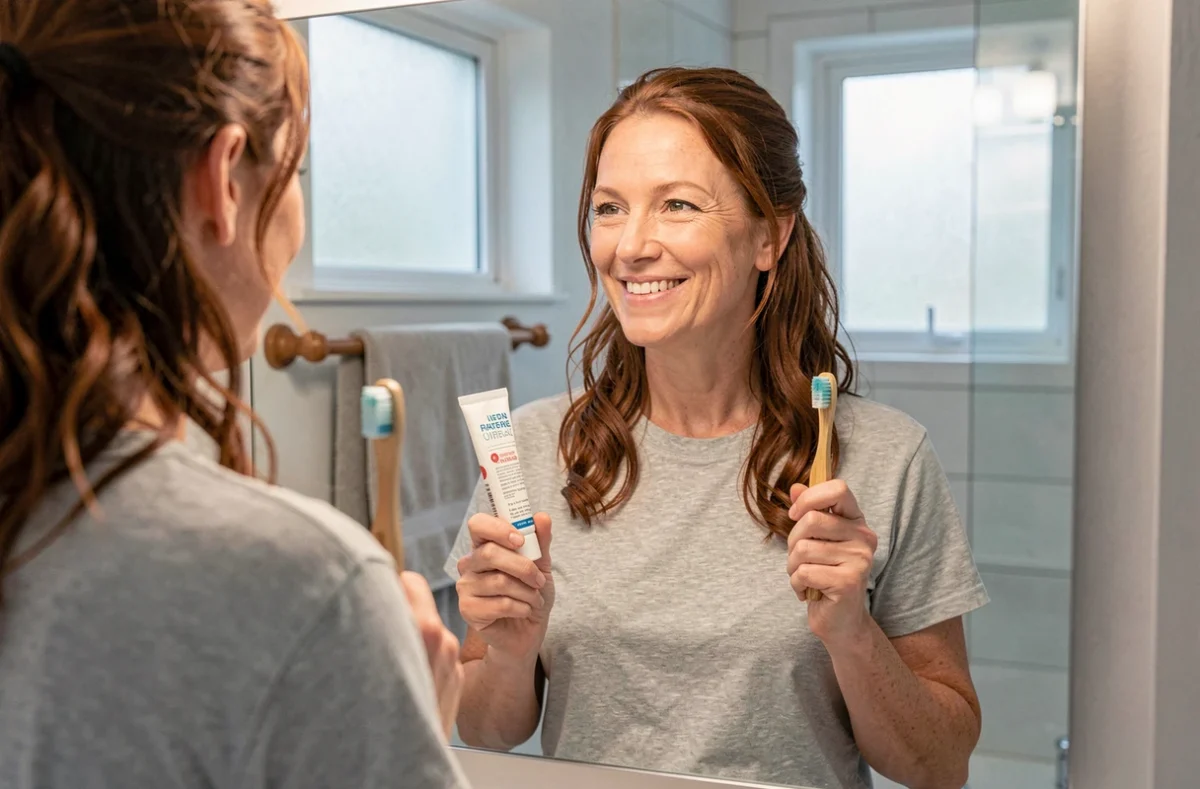 Femme souriante dans un miroir tenant un dentifrice naturel et une brosse à dents en bambou pour des dents blanches sans bicarbonate