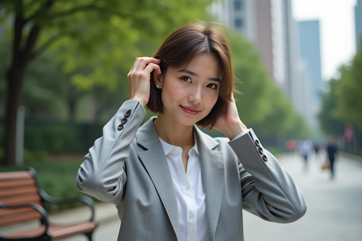 Jeune femme professionnelle coiffant ses cheveux en extérieur