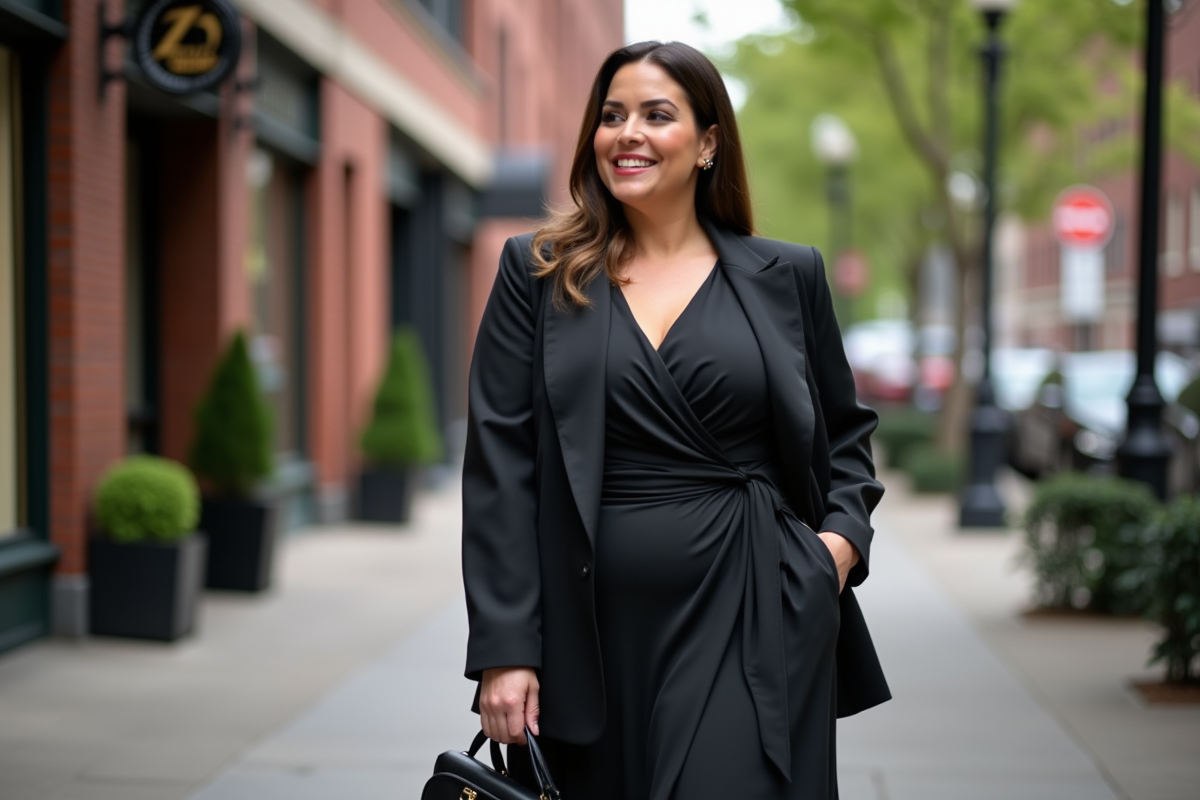 Femme élégante en robe dans une rue urbaine animée