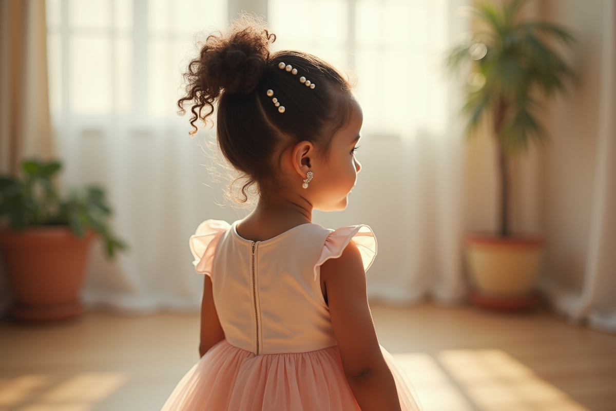 Petite fille vue de dos avec chignon et perles dans un mariage intérieur